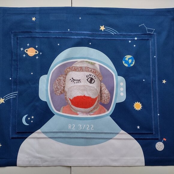 Sock Monkey Astronaut Pillow Sham Space Planets Kid Decor Size 27in x 22in NWOT - Picture 2 of 9